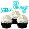 24 Pcs Sweet 16 Blue Glitter Birthday Cupcake Toppers for 16th Birthday Celebrating Party Decorations (Blue)
