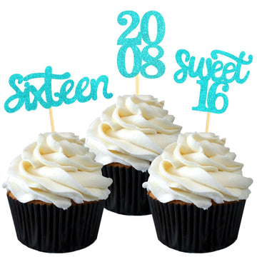 24 Pcs Sweet 16 Blue Glitter Birthday Cupcake Toppers for 16th Birthday Celebrating Party Decorations (Blue)