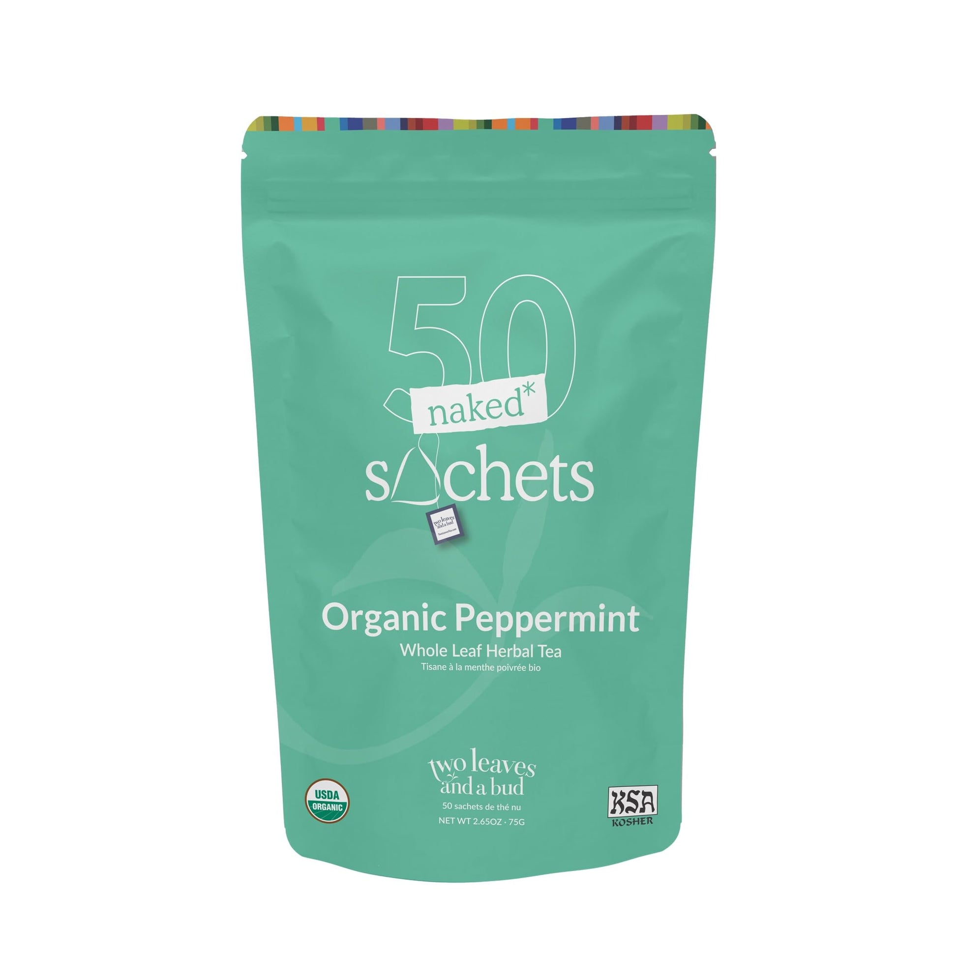 Two Leaves and a Bud Organic Peppermint - 50 Naked Tea Sachets  Naturally Caffeine Free  Whole Leaf Herbal Tea in Eco-Friendly Unwrapped Compostable Sachets  Resealable Bag  50 Count (Pack of 1)