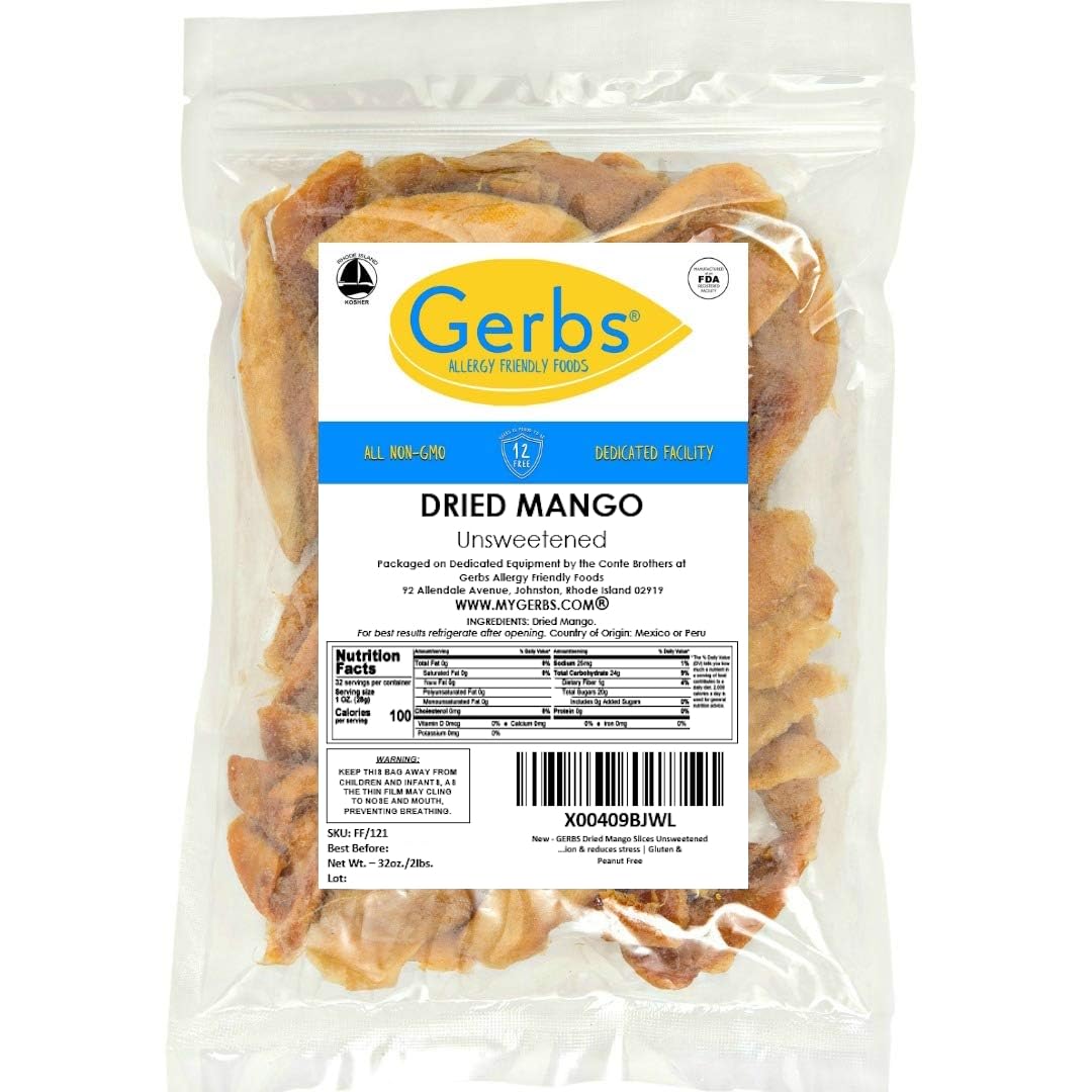 GERBS Dried Mango Slices, Unsweetened, Dehydrated, Resealable Bag, 2 lbs, Allergen-Free