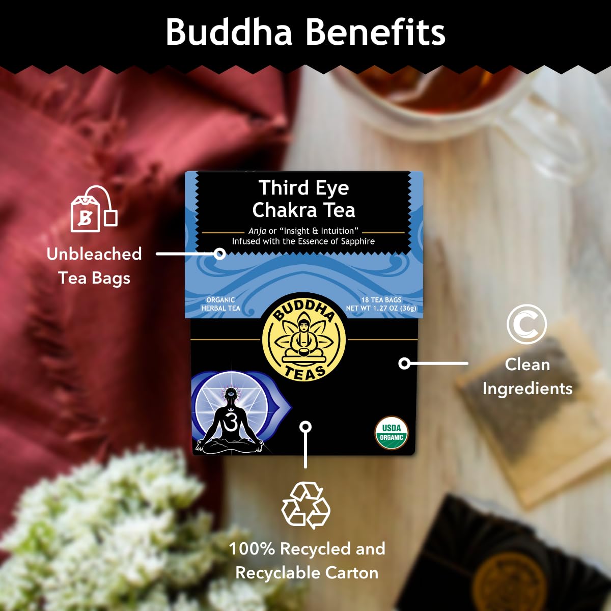 Buddha Teas - Third Eye Chakra Tea - Organic Herbal Tea - For Insight & Intuition - With Eyebright, Spearmint, Star Anise & Sapp