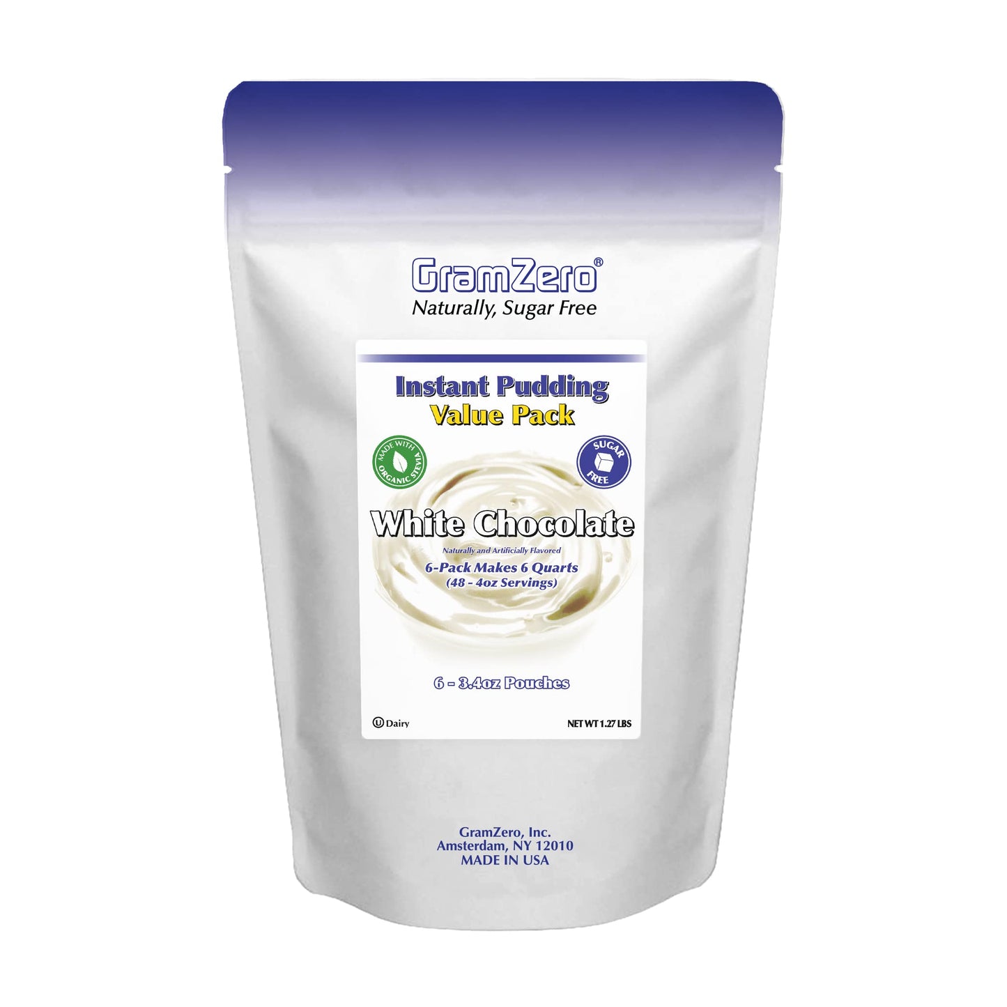 GramZero Sugar Free Pudding Mix, White Chocolate, 6 Count, Stevia Sweetened, Low Calorie Dessert