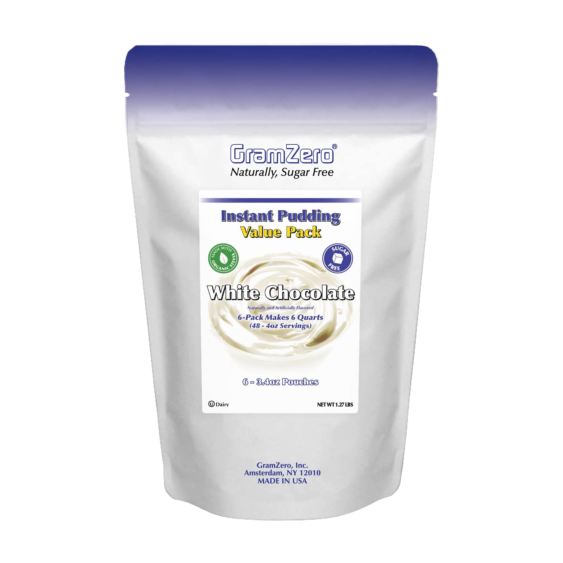GramZero Sugar Free Pudding Mix, White Chocolate, 6 Count, Stevia Sweetened, Low Calorie Dessert