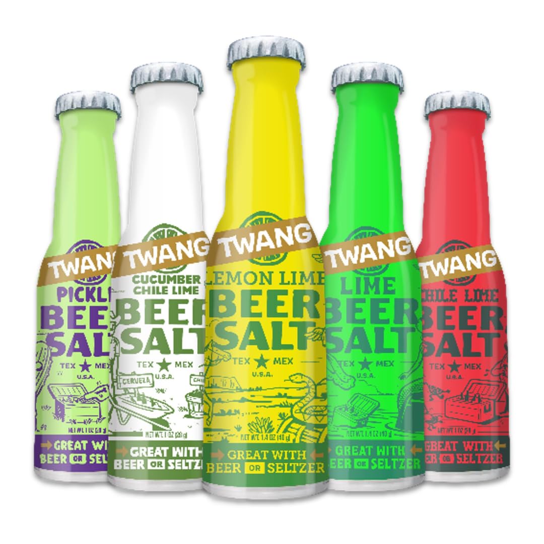 LYZAS SWEETS & TREATS Twang Beer Salts - Bundle of 5 Pocket Size Bottles (1-1.4 oz each) - Lime, Lemon-Lime, Dill Pickle