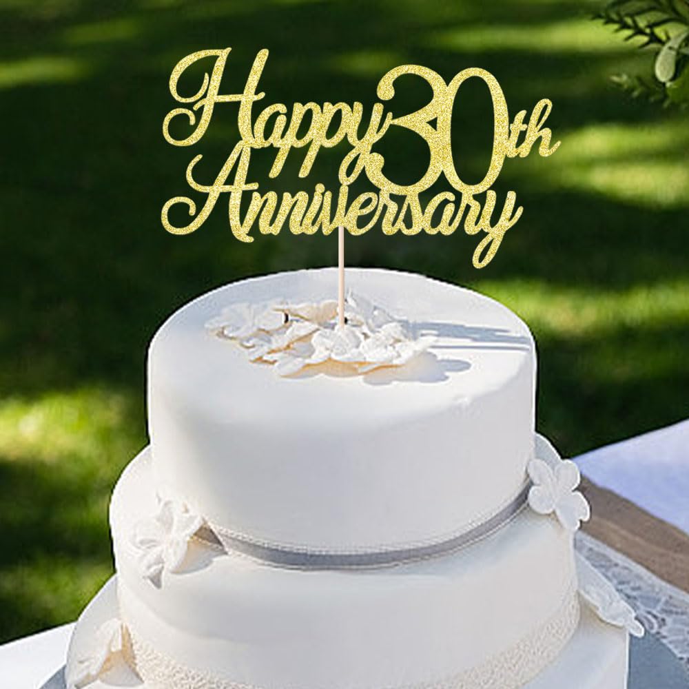 Auteby Happy 30th Anniversary Cake Topper, Gold Glitter, Model HL260, 30th Birthday/Wedding Decoration