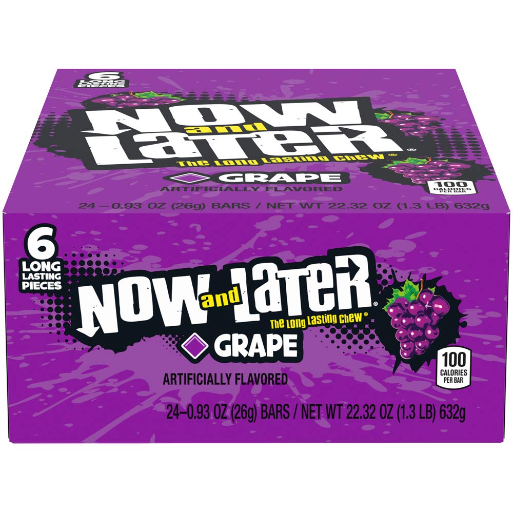 Now & Later Original Taffy Chews Candy, Grape, 6 Count, 0.93 Ounce Bar, Pack Of 24