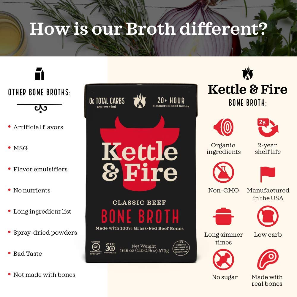 Kettle & Fire Beef Bone Broth Soup, Keto, Paleo, Gluten Free, Pack of 4, 16.9 fl oz each, 10g Protein