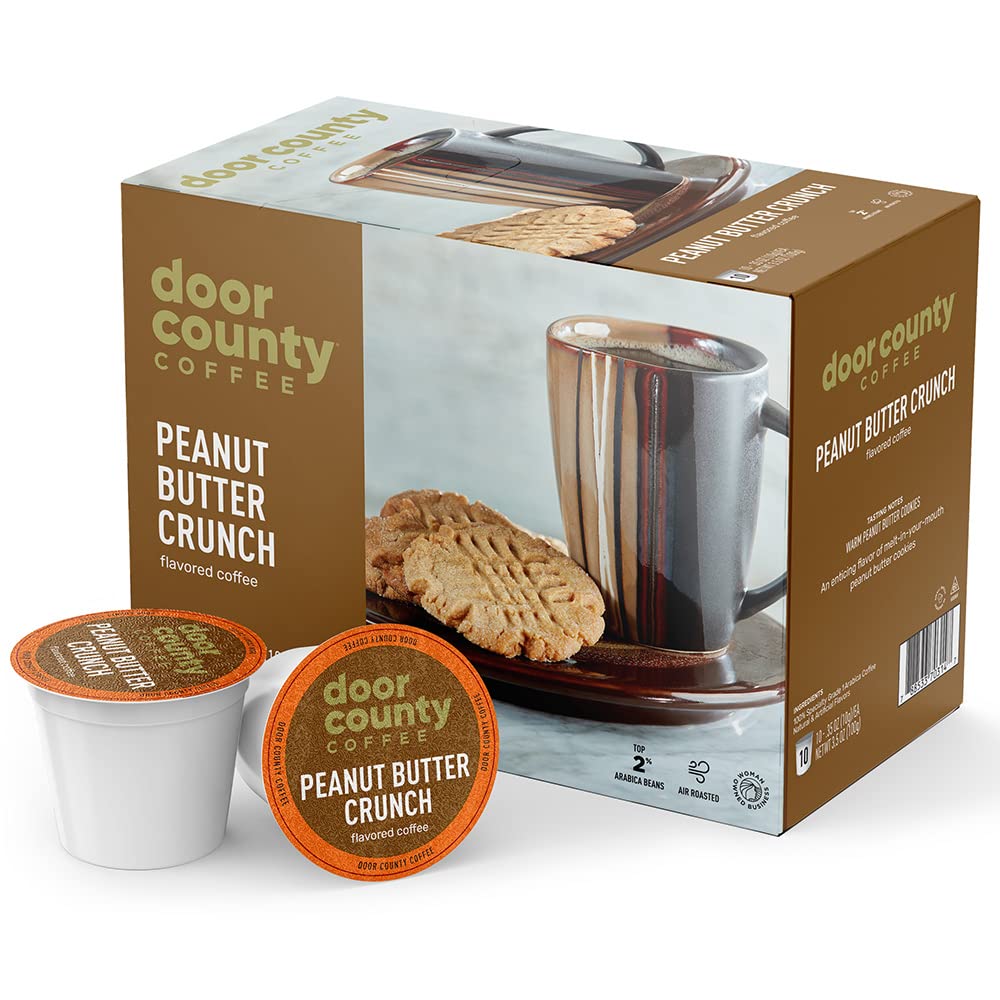 Door County Coffee Peanut Butter Crunch Flavored Coffee Ground | 10 Count Single Serve Cups | Medium Roast | 100% Specialty Arab
