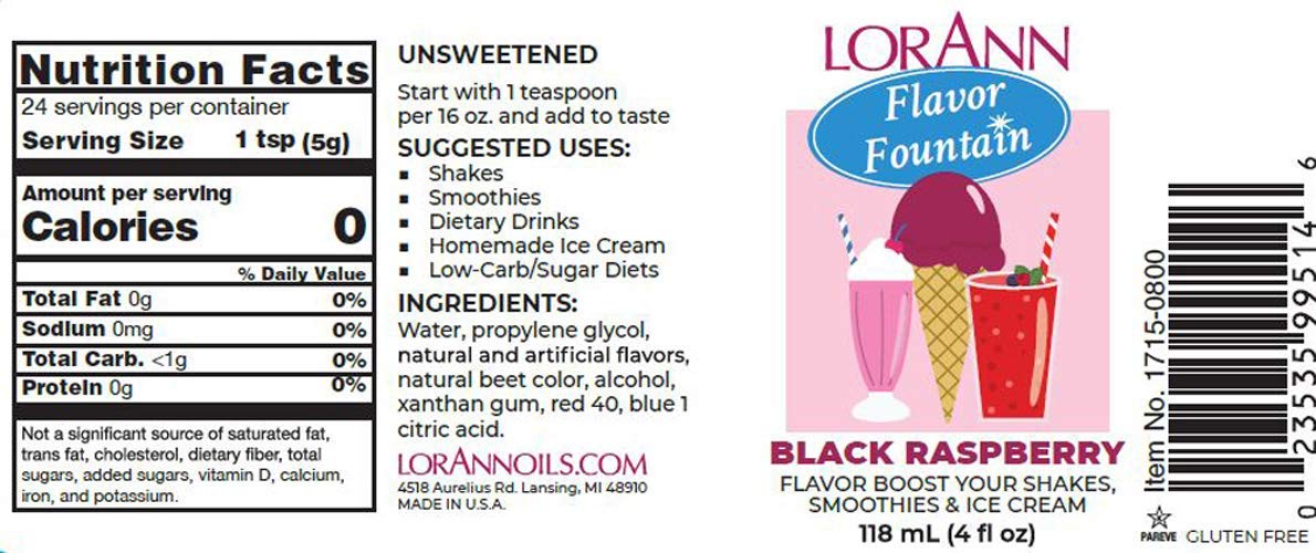 LorAnn Black Raspberry Flavor Fountain, 4 oz Bottle, Plastic, Model 651731, White