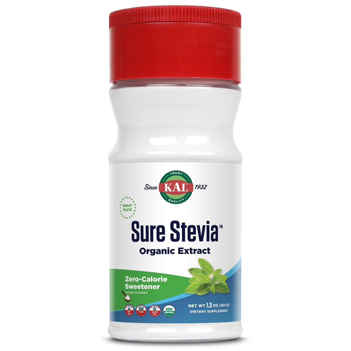 KAL Organic Stevia Powder Sweetener, Low Carb, Zero Calorie, Vegan, Gluten Free, 1.3 oz, Model 4516111