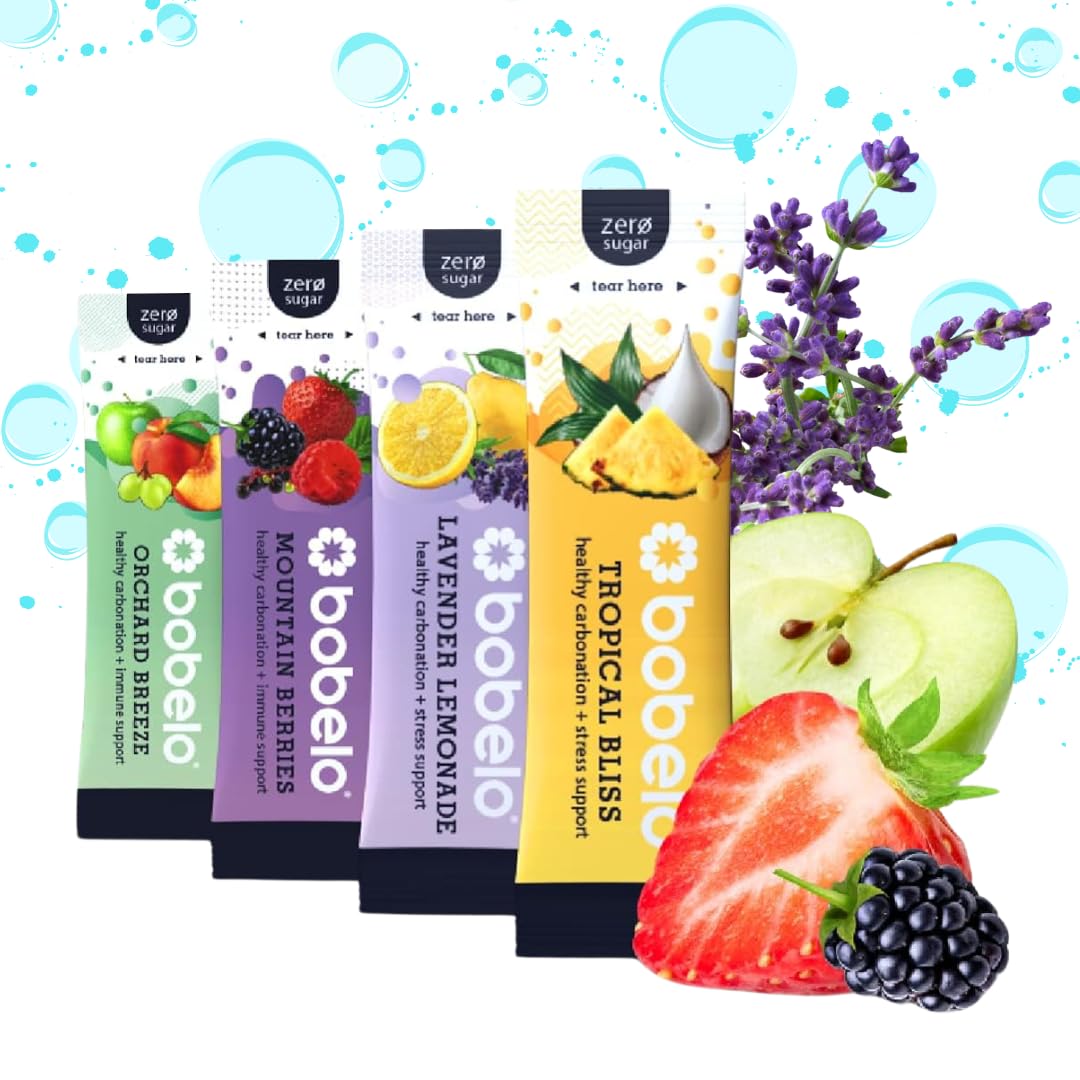 BOBELO CARBONATION Flavor Packets - Trial Pack, 3 of Each Flavor, Tropical Bliss, Mountain Berries, Lavender Lemonade & Orchard 