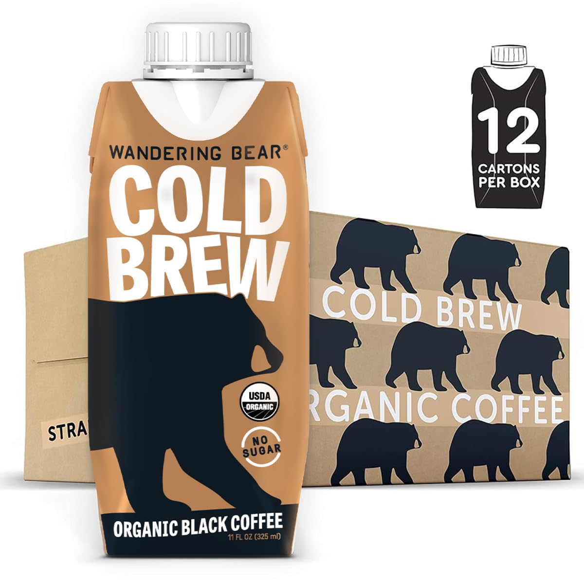 Wandering Bear Straight Black Organic Cold Brew Coffee On-The-Go, Iced Coffee, 11 Fl Oz, 12 Pack - Extra Strong, Smooth, Unsweet