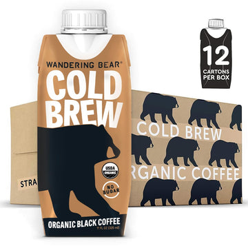 Wandering Bear Straight Black Organic Cold Brew Coffee On-The-Go, Iced Coffee, 11 Fl Oz, 12 Pack - Extra Strong, Smooth, Unsweet
