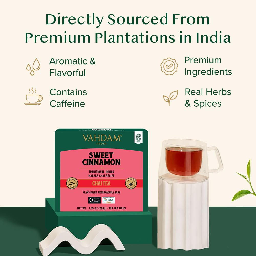 Vahdam, Sweet Cinnamon Tea | 100 Tea Bags | 100% Natural Spices | Cinnamon Masala Chai Tea Recipe | Spiced Chai Tea Bag | Brew As Hot Tea Or Iced Tea | Chai Tea Bag
