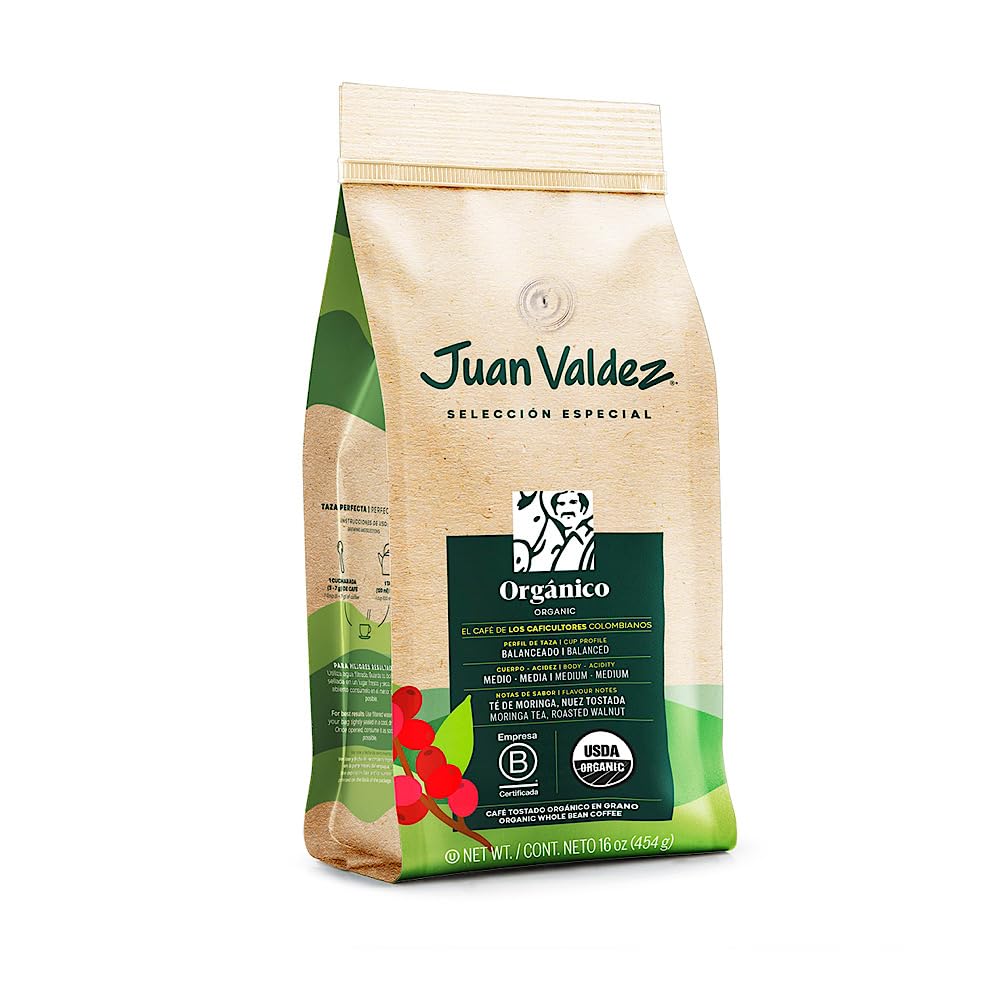 Juan Valdez Organic Whole Bean Coffee - Balanced Roast, 100% Colombian Arabica Beans, 16 oz / 454 gr