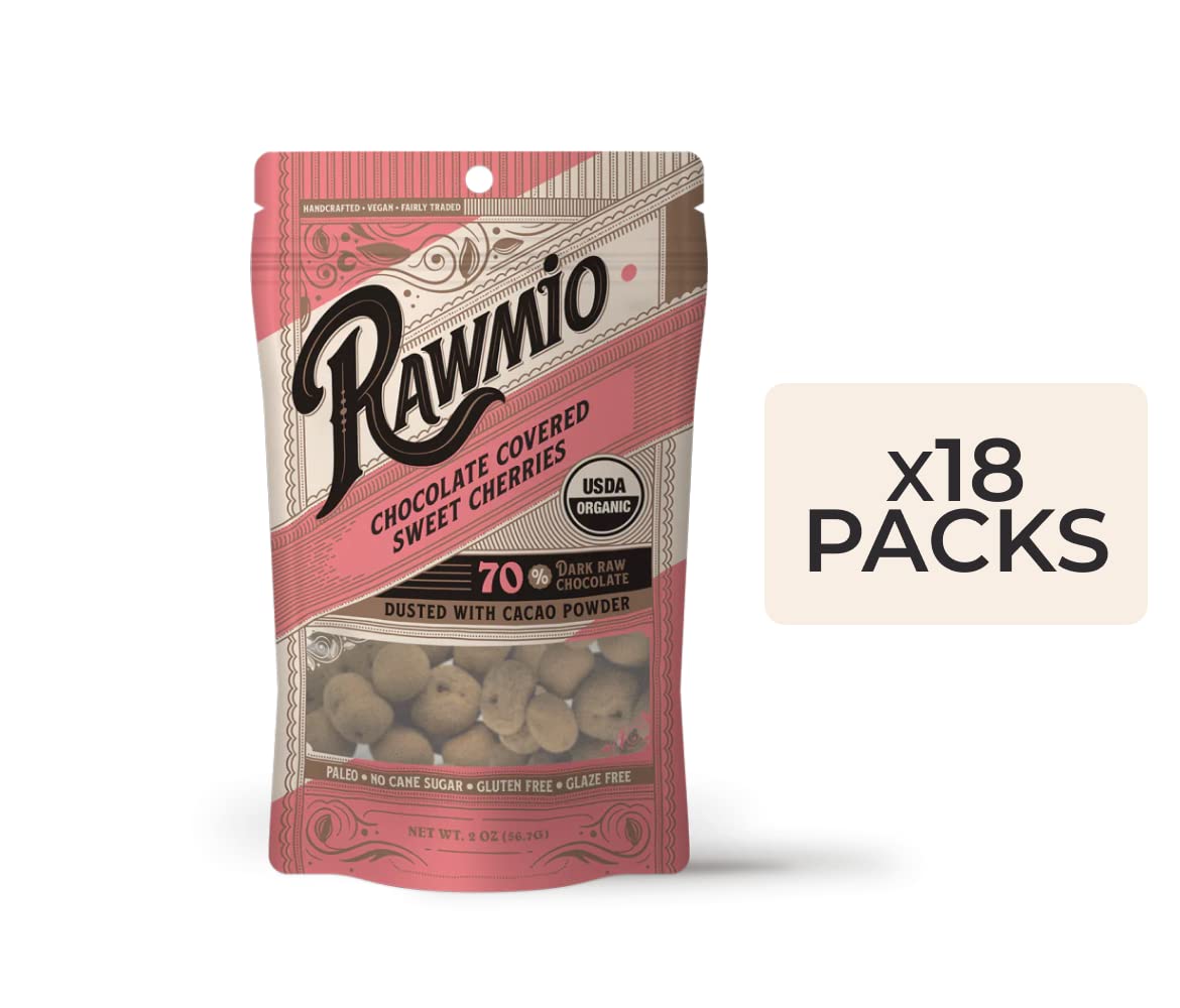 Rawmio Chocolate Covered Sweet Cherries - Organic, Raw, Vegan, 70% Dark Chocolate, 18 Packs, 2 Oz.