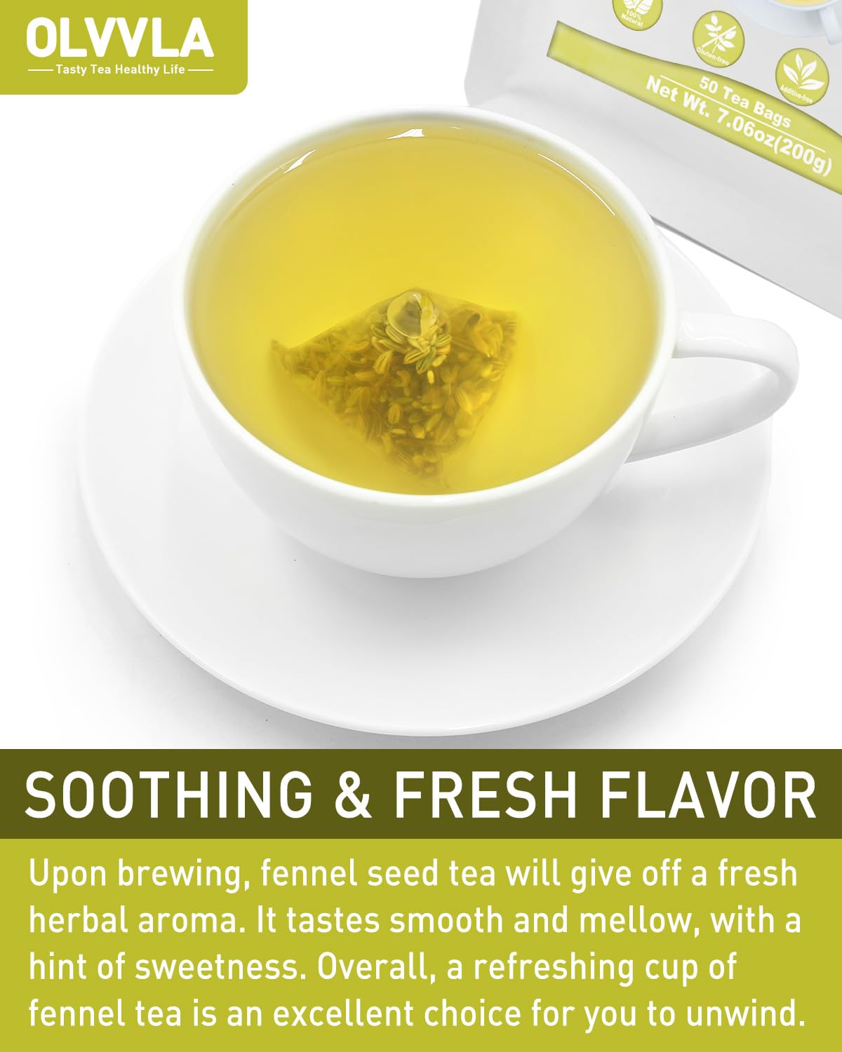 Olvvla Premium Fennel Tea Bags - 4g x 50 Count - 100% Pure Natural - Non-GMO - Caffeine-Free - Supports Digestion