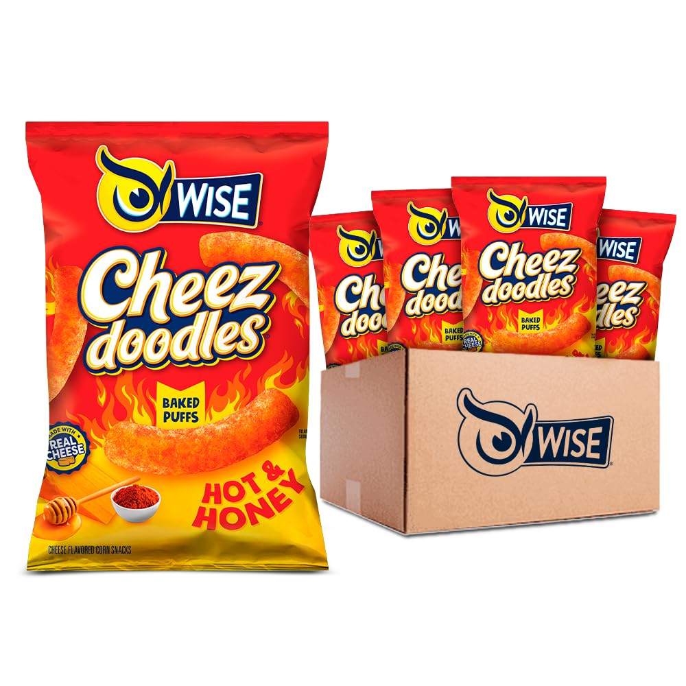 Wise Snacks Cheez Doodles Baked Puffs, Hot And Honey, Individual Snack Size Bags, School And Halloween Snacks For Kids, Gluten Free, 0G Trans Fat, No Preservatives, 0.75 Oz (42 Count)