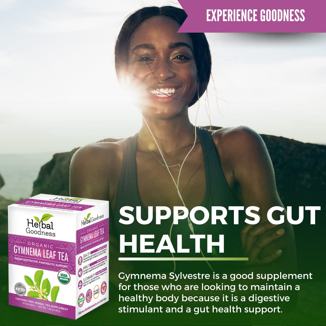 Herbal Goodness Gymnema Sylvestre Leaf Tea - Caffeine-Free, Organic, Gluten-Free - 24 Teabags per Box, 6 Boxes Total