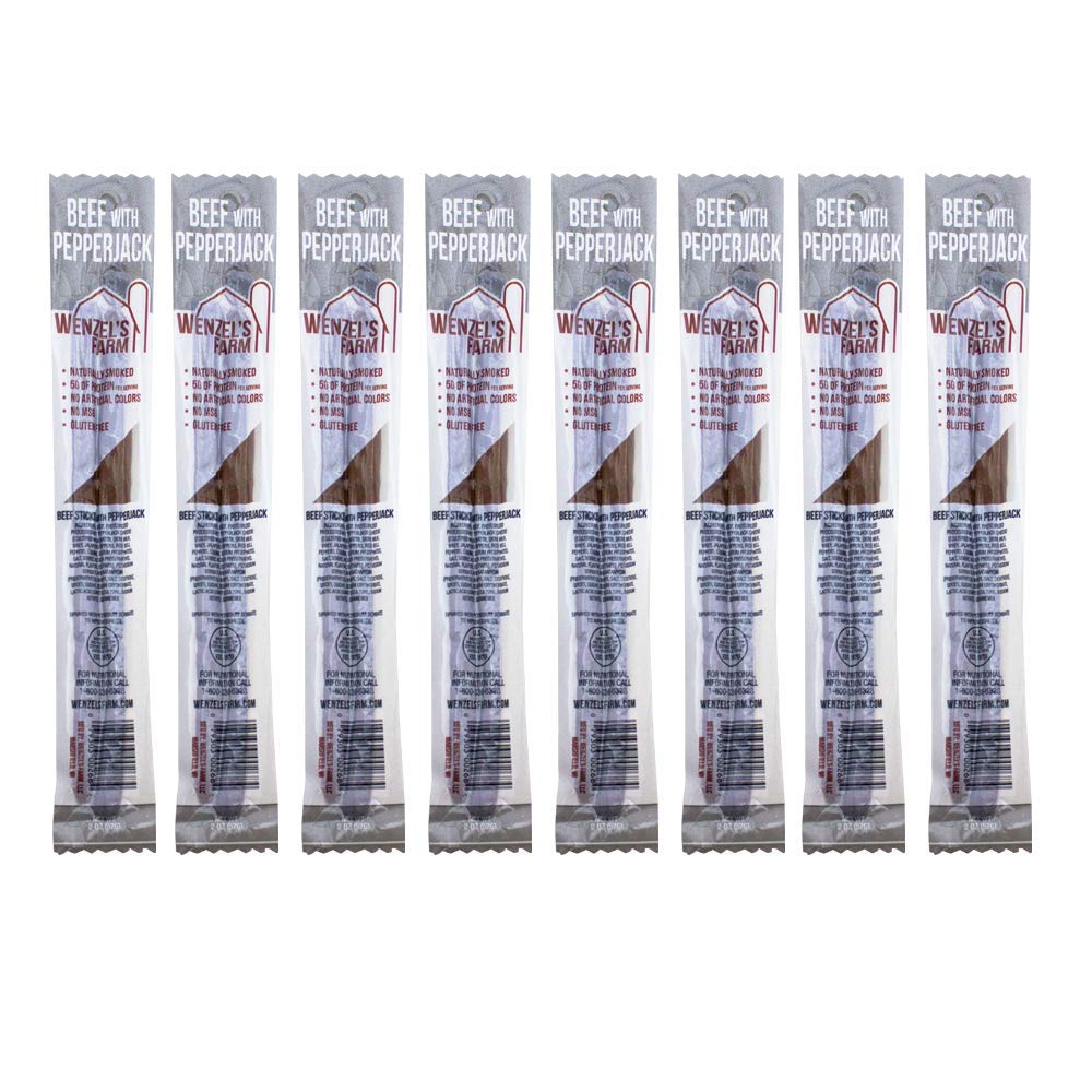 Wenzels Farm Beef Snack Sticks with Pepperjack, High Protein, Gluten Free, 16 Count (8 Packs of 2)