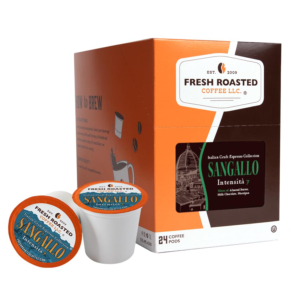 Fresh Roasted Coffee Dark Roast Pods, Sangallo Italian Blend, 24 Count for K Cup Brewers