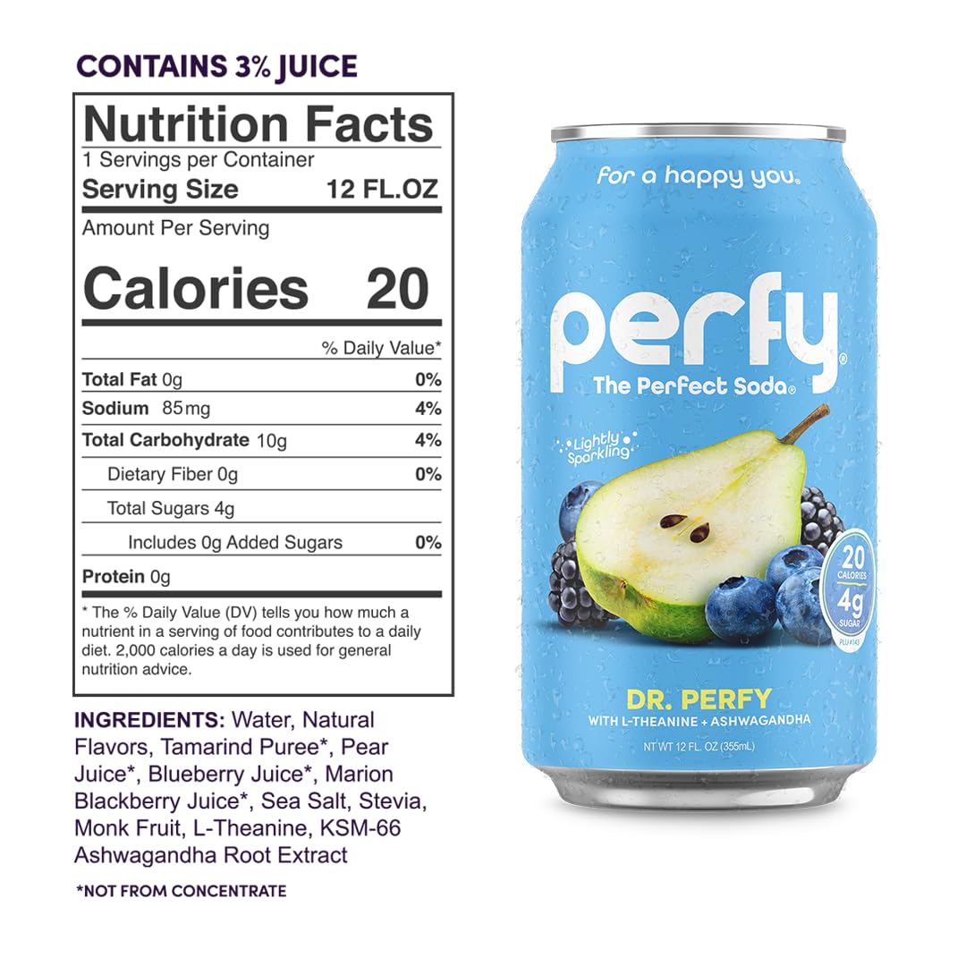 PERFY Caffeine Free Healthy Soda Variety - Low Sugar Nootropic Drinks, 12 Pack