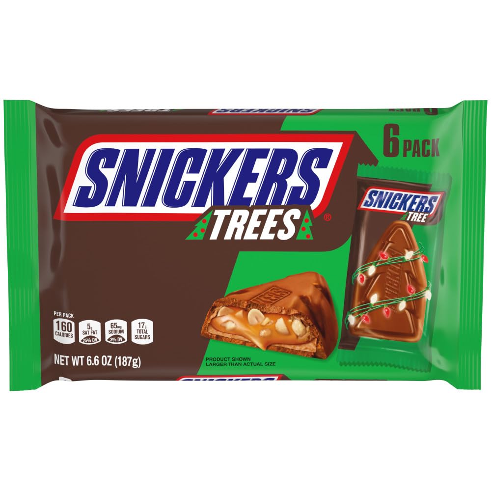 Mars SNICKERS Christmas Chocolate Candy Bars, Milk Chocolate, Full Size, Brown, Individually Wrapped, 6 Count