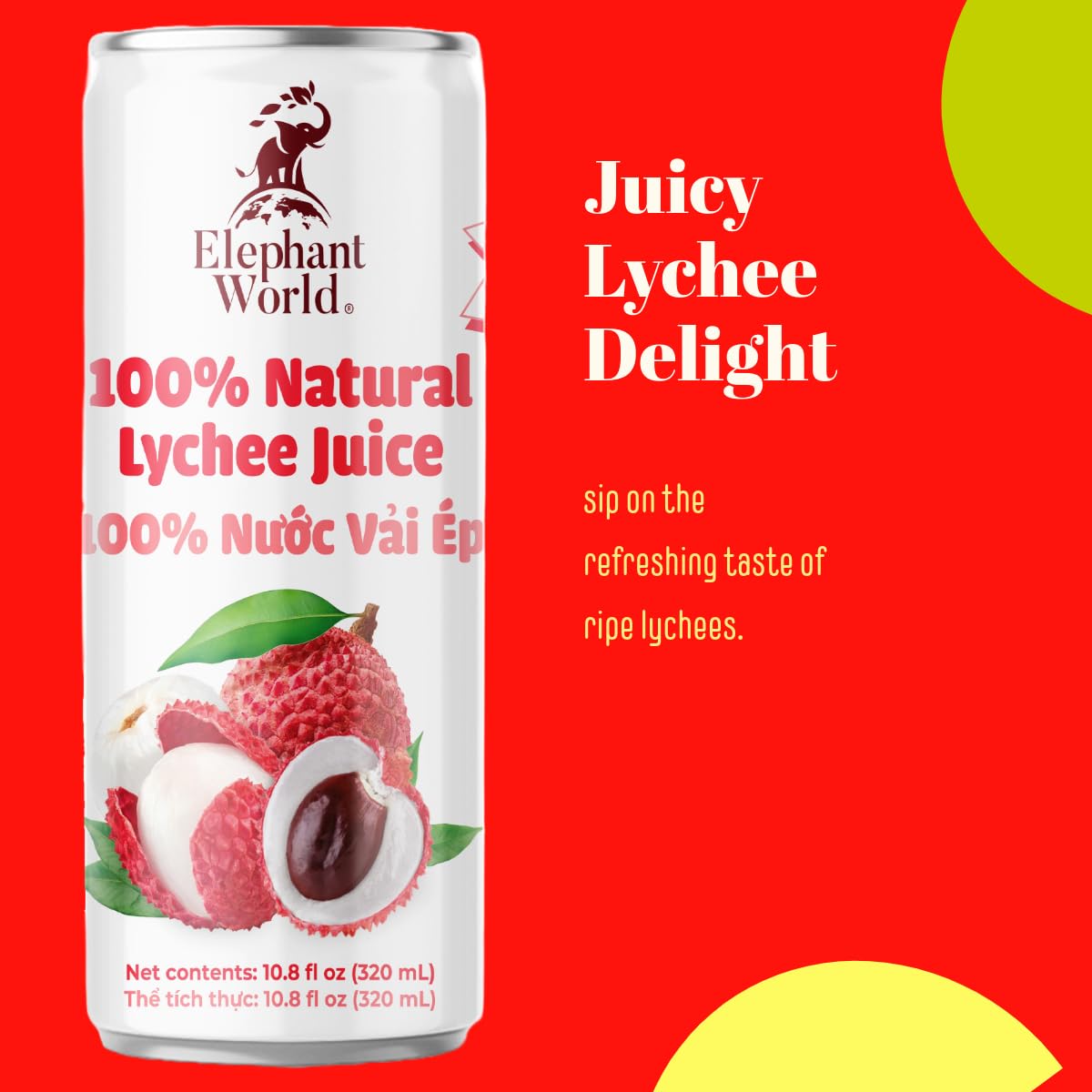 Elephant World 100% Natural Lychee Juice | Non Gmo | 10.8 Oz (Pack Of 6), Lychee