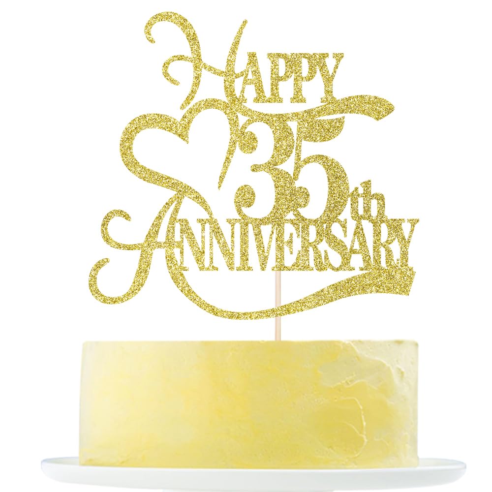 Yetxel Gold Glitter Cake Topper - 35th Anniversary Decoration - Paper - Ideal for Wedding & Birthday Celebrations - 35th Celebration