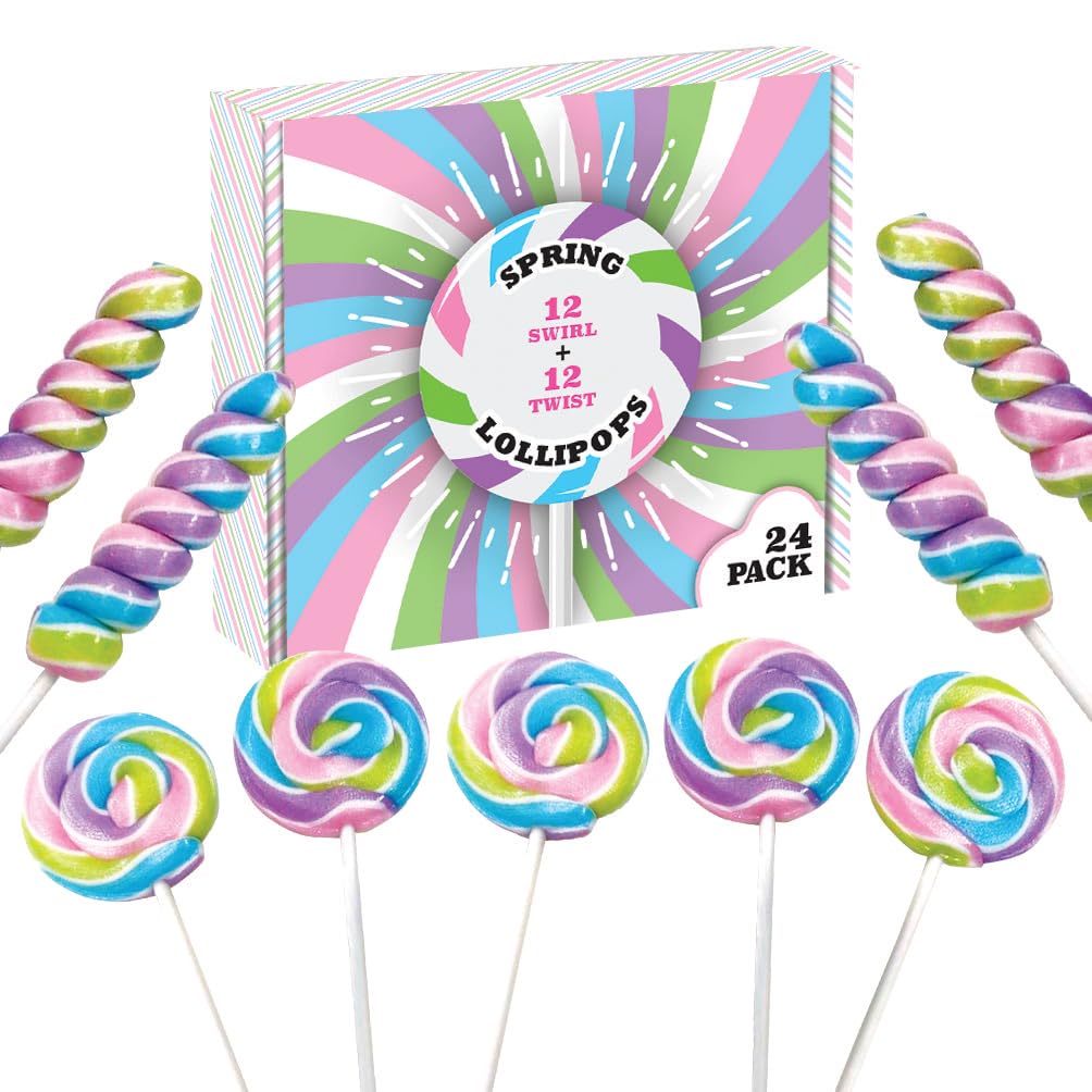 Spring Easter Candy - 24 Lollipops Individually Wrapped - 18g Swirl and 12g Twisty Lollipops - Easter Basket Candy - Egg Hunts -