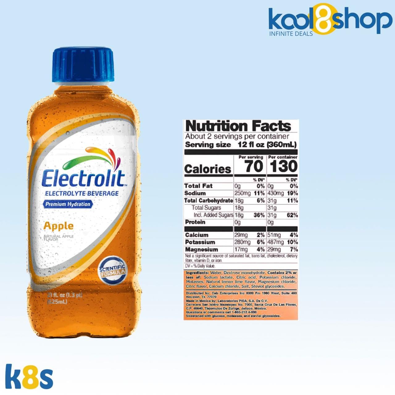 Electrolit Apple Hydration Drink With Electrolytes 21 Fl Oz Plastic Bottles 9 Pack + 1 Microfiber Cooling Towel By Kool8Shop Inf
