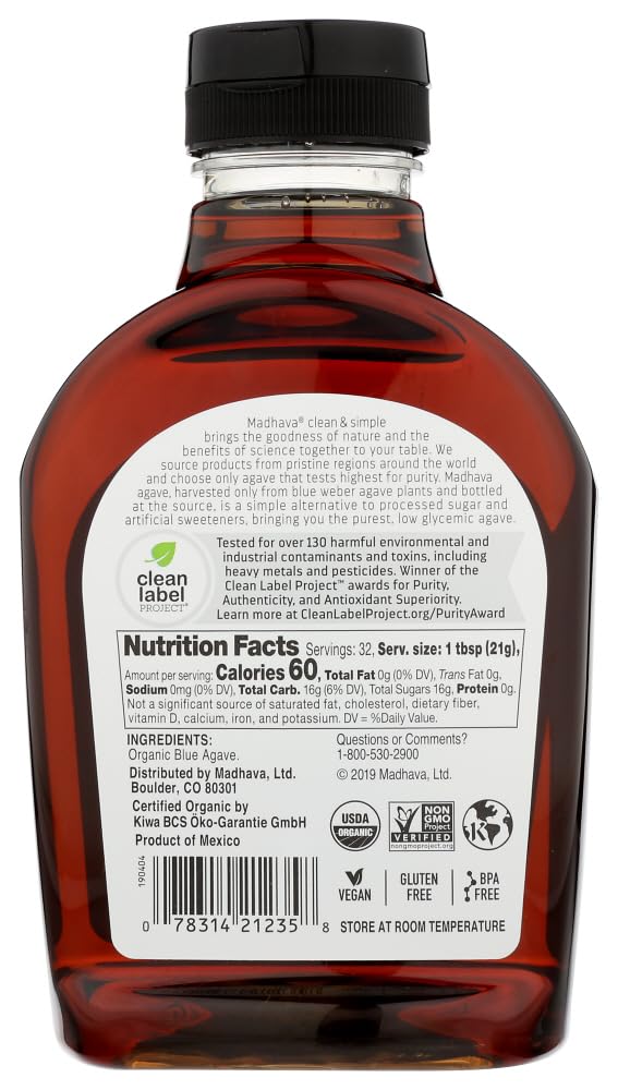 Madhava Naturally Sweet Organic Blue Agave Low-Glycemic Sweetener, Amber, 23.5 Ounce (Pack of 6)