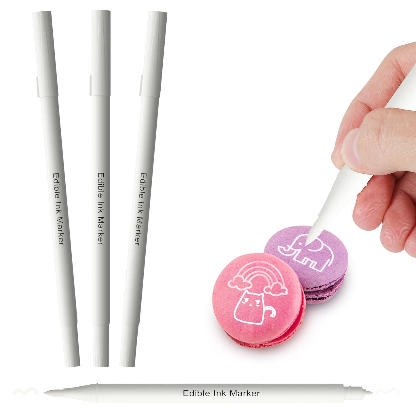 3pcs White Edible Markers for Cookie Decorating, Food Coloring Pens, Double Side Food Grade Pens with Fine & Thick Tip for Decor