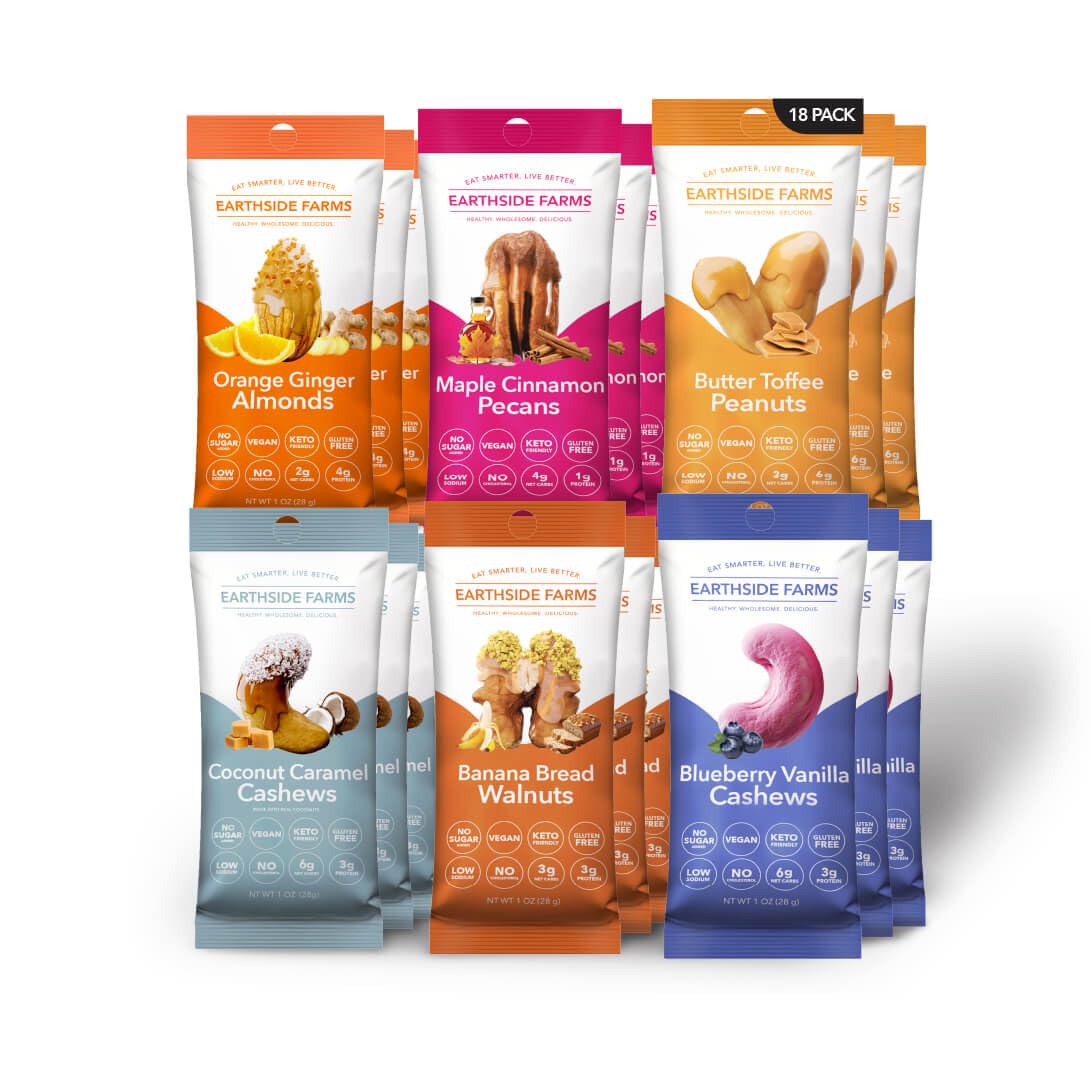 Earthside Farms 18 pcs Variety Pack - 1oz  3pcs Each of Coconut Caramel Cashews  Butter Toffee Peanuts  Blueberry Vanilla Cashews  Maple Cinnamon Pecans  Orange Ginger Almonds  Banana Bread Walnuts