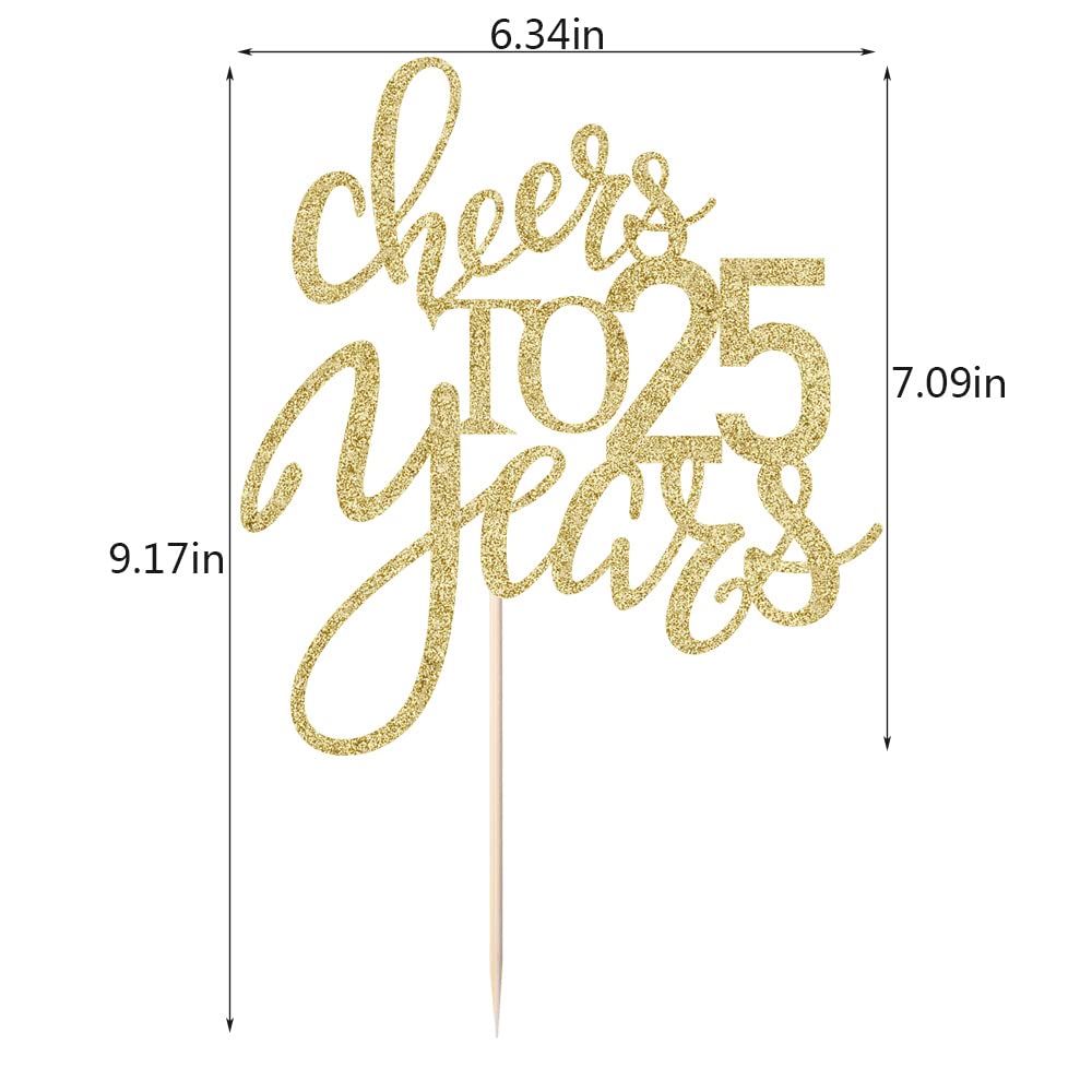 Qertesl Gold Glitter Cheers To 25 Years Cake Topper, Happy 25Th Birthday Cake Decorations,Perfect For 25 Years Cake Decorating,W