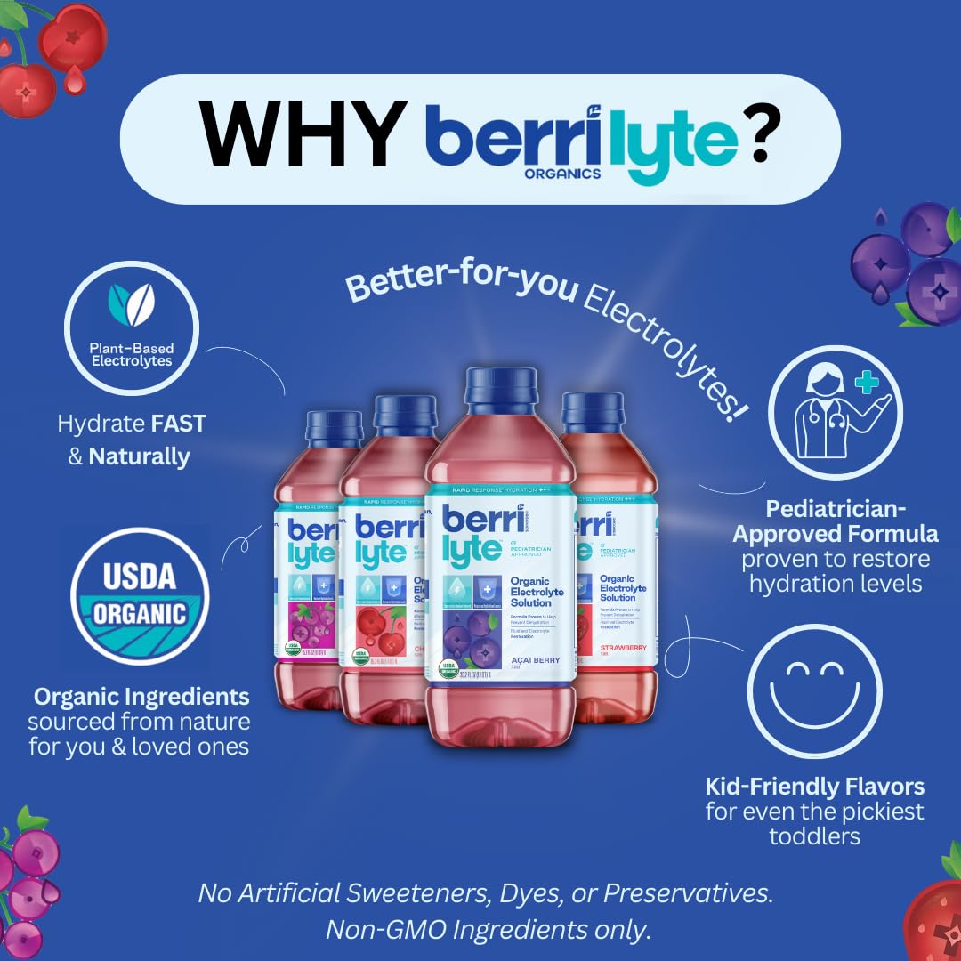 Berri Lyte Electrolytes Hydration Beverages With Coconut Water, Organic & Plant Based Electrolyte, Pediatric Rehydration Drink, Cherry, 1 L, 6 Count