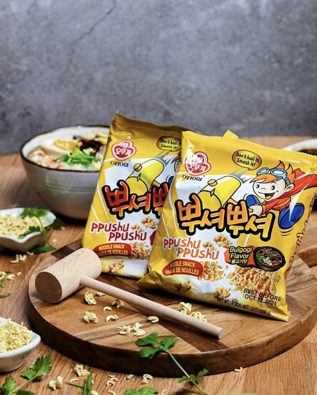 [Ottogi] Ppushu Ppushu Korean Ramen Snack Variety Pack, Crush To Eat Noodle,Bbq, Bulgogi, Grilled Chicken, Spicy Rice Cake Flavors, 3.17Oz (90G) X 8 Pack,Crunch & Shake Noodle Snack