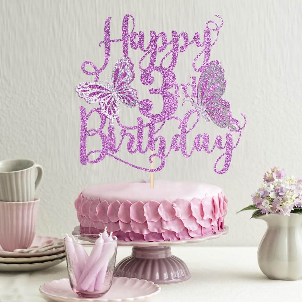 Kaoenla 3D Butterfly Cake Topper, Glitter Theme for 3rd Birthday, Purple Paper Decor
