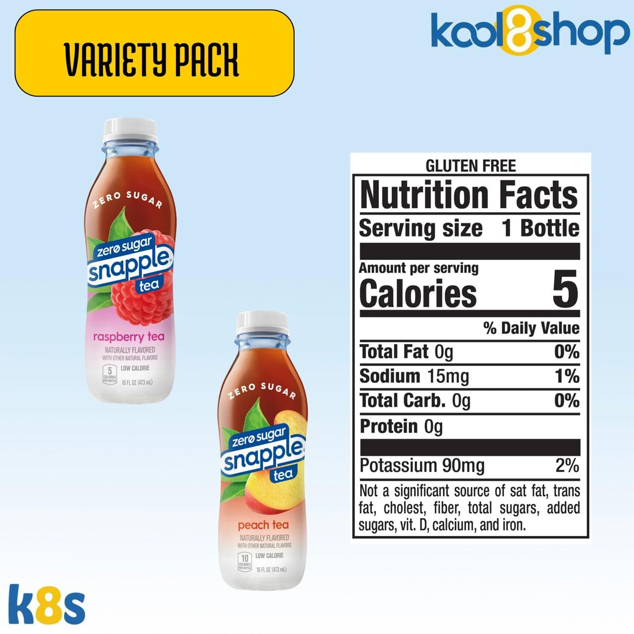 Snapple Zero Sugar Variety Pack All Natural Iced Tea 16 Fl Oz Plastic Bottles 16 Pack + 15 Sugarcane Disposable Straws By Kool8S