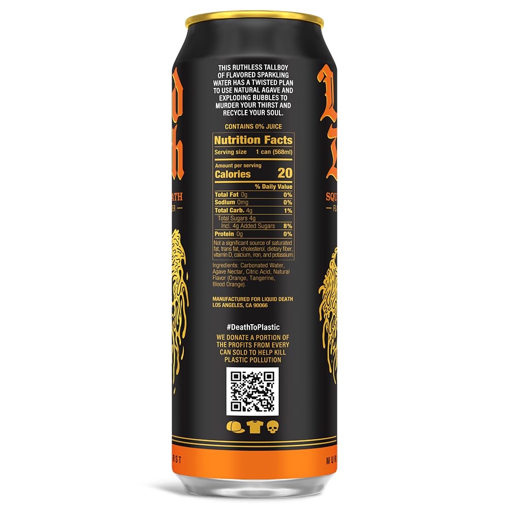 Liquid Death, Squeezed To Death Sparkling Water, 8-Pack (King Size 19.2Oz Cans), Orange Flavored Sparkling Beverage Sweetened Wi