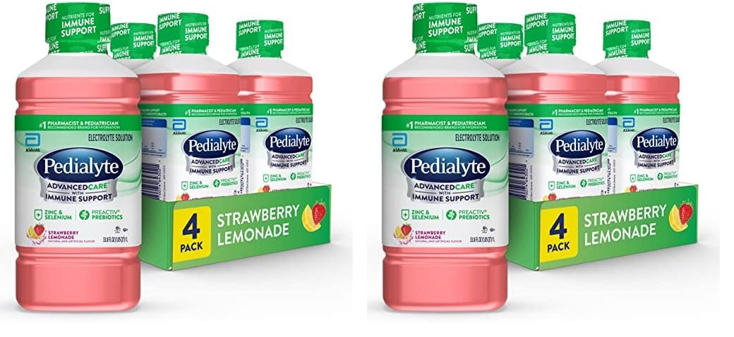 Pedialyte Advancedcare Electrolyte Solution With Preactiv Prebiotics, Hydration Drink, Strawberry Lemonade, 1 Liter, 4 Count (Pa