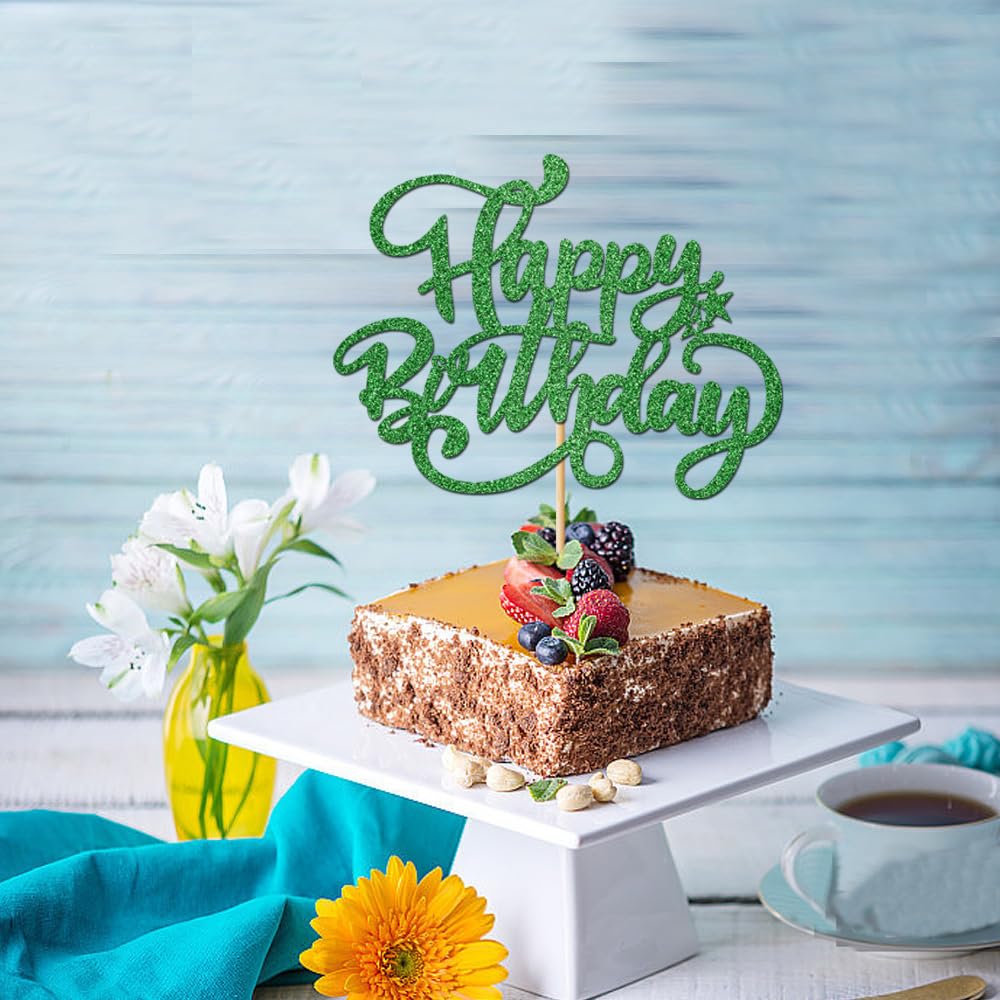 Crseniny Happy Birthday Cake Topper,Green Glitter Birthday Sign Cake Decorations,Anniversary Party/Birthday Party Decoration Sup