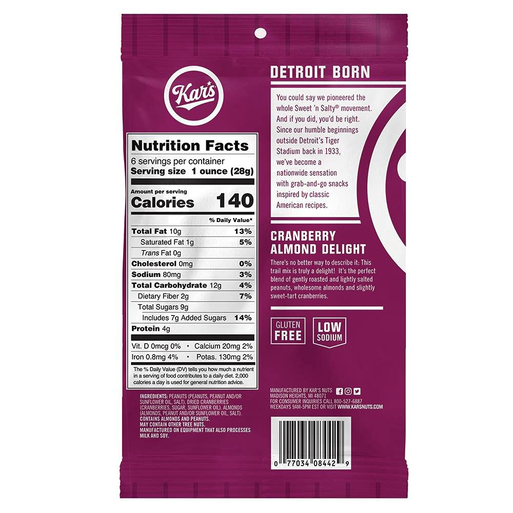 Kar s Nuts Cranberry Almond Trail Mix 6oz Bag (Pack of 12) Kars Nuts Cranberry Almond Delight Trail Mix, 6 oz - Grab & Go Bags,