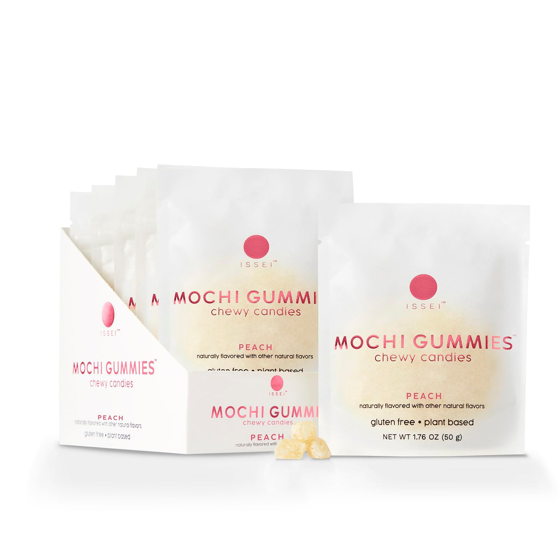 ISSEI Mochi Gummies Chewy Candy | Gelatin-Free, Non-GMO, Kosher | 6 Pck | Peach Flavor | 1.76 Oz