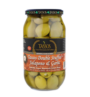 Tassos Double Stuffed Jalapeno And Garlic Super Mammoth Olives Imported From Greece 35.27Oz