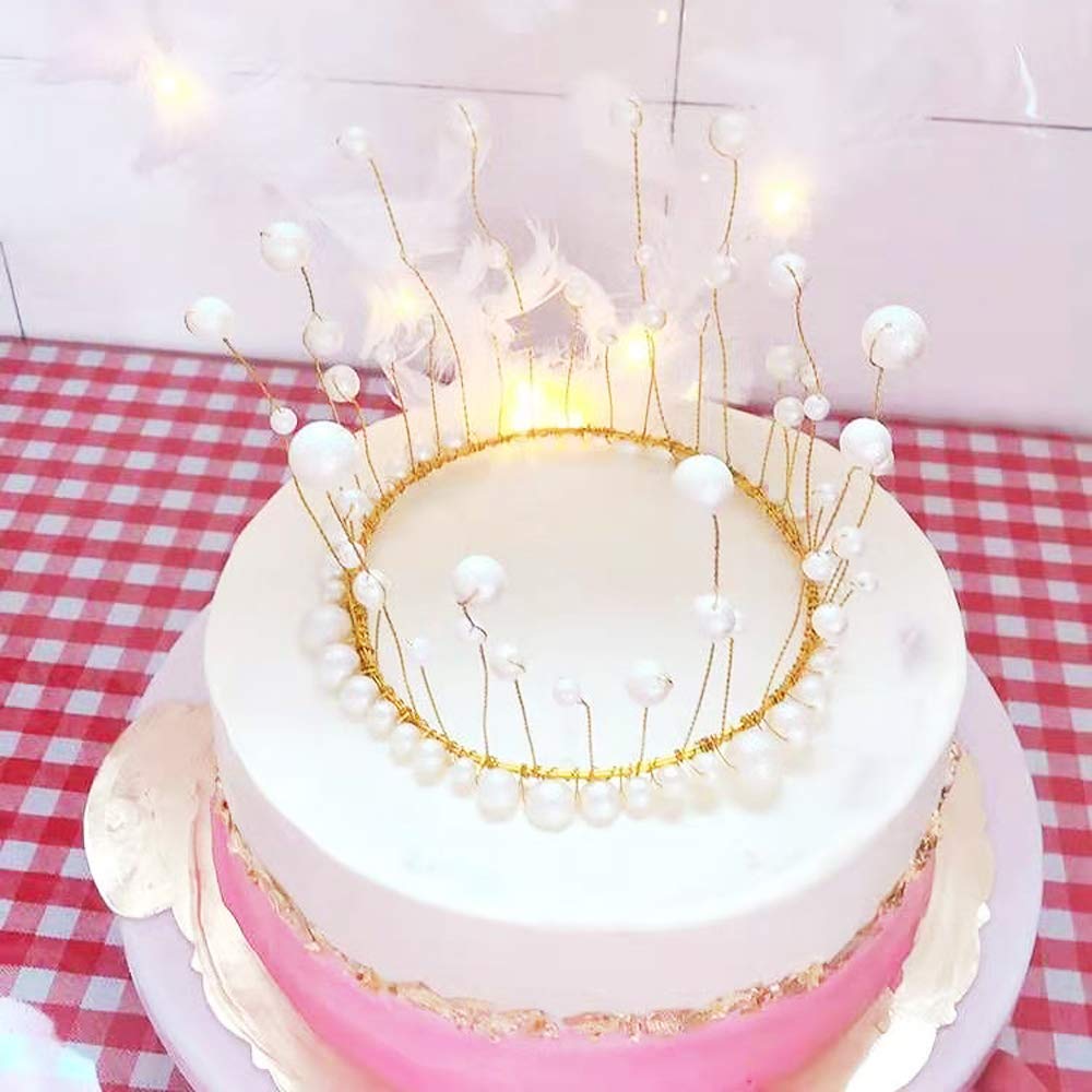Shiny Handmade Happy Birthday Cake Topper For Girls Women Men, White Artificial Pearl Crown Cake Topper For Wedding Graduation P