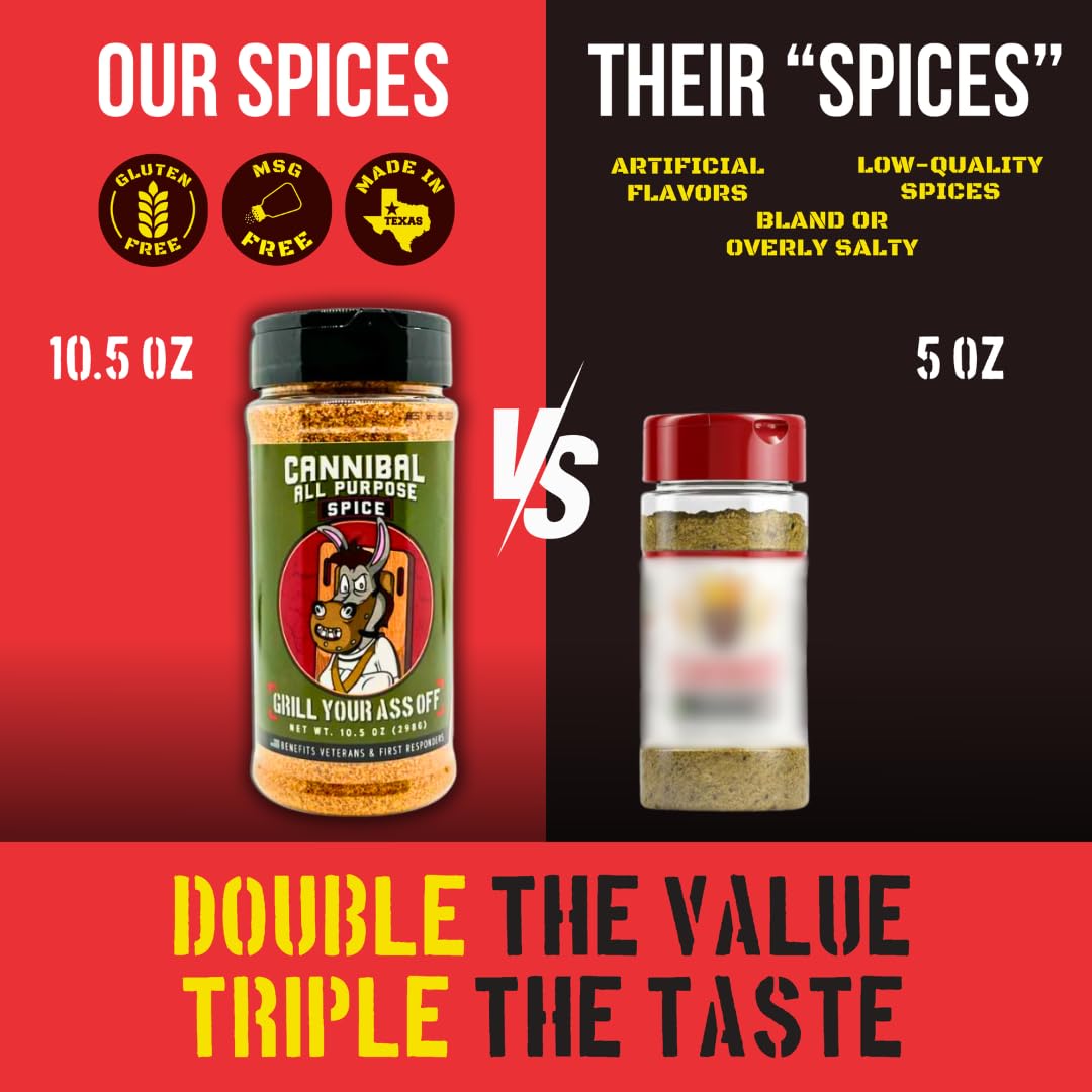 Grill Your As* Off Cannibal Bbq Seasoning – 10Oz Chili-Based Southern Texas Bbq Rub For Steak, Beef & Burgers – Msg & Gluten Free – Usa Made & Veteran Owned