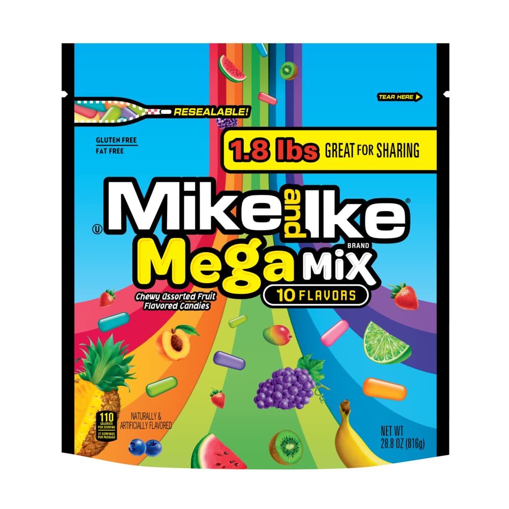 Mega Mix Mike and Ike Candy, 28.8 Ounce Bag (Pack of 2), Chewy Candy, Vending Machine Candy, Gummy Candy Mix