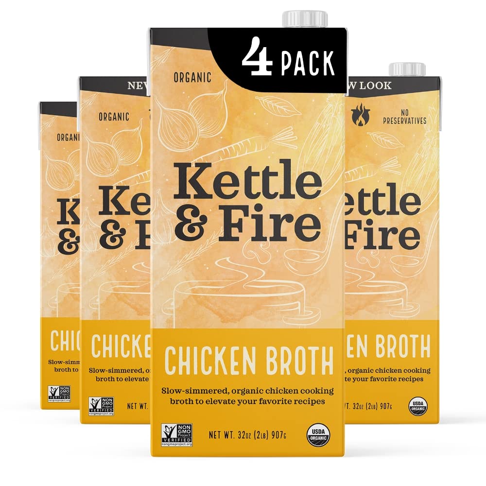 Kettle and Fire Organic Chicken Broth, Keto, Paleo, and Whole 30 Approved, Gluten Free, High in Protein and Collagen, 4 Pack (32