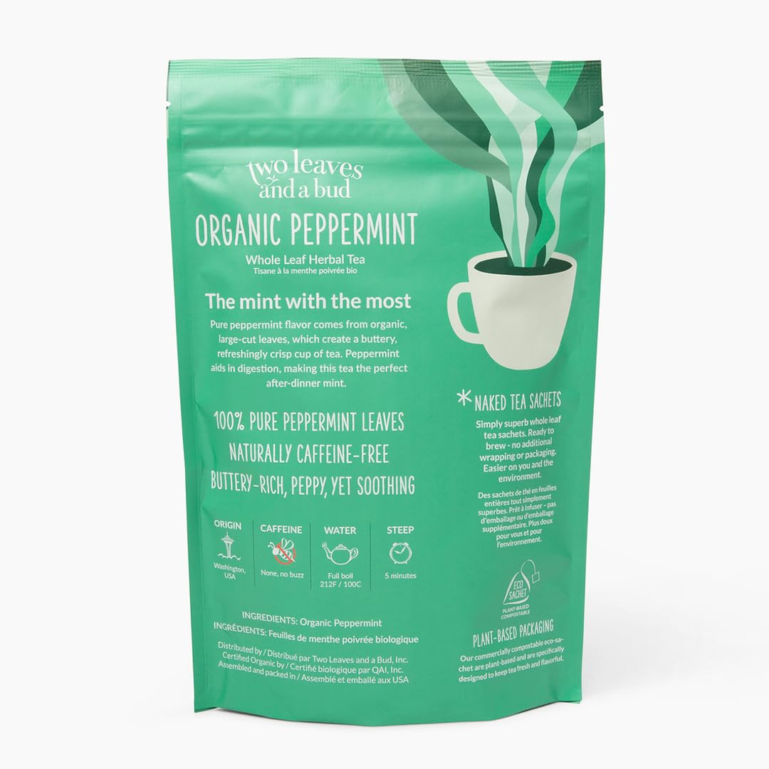 Two Leaves and a Bud Organic Peppermint - 50 Naked Tea Sachets  Naturally Caffeine Free  Whole Leaf Herbal Tea in Eco-Friendly Unwrapped Compostable Sachets  Resealable Bag  50 Count (Pack of 1)